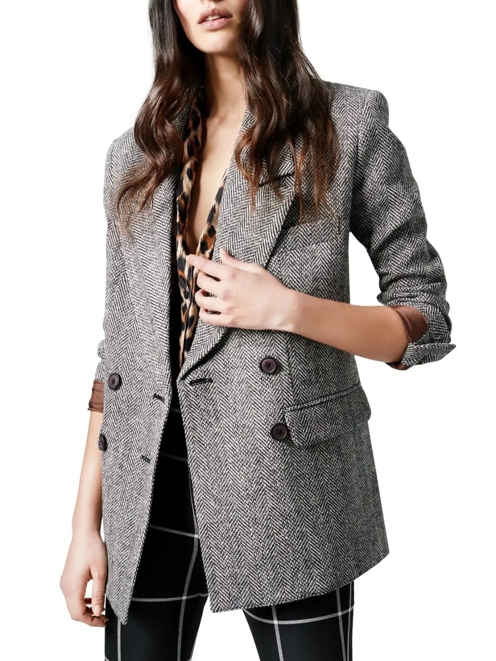 Oversize Db Herringbone Wool Blazer In Black/Ivory Herringbone SMYTHE Sz XS